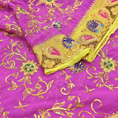 Indian Vintage Bridal Heavy Magenta Dupatta American Georgette  Hand Embroidered Rajputi Odhani Scarves Zari Zardozi Bollywood Wedding