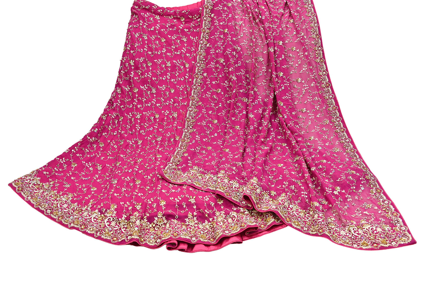 Indian Vintage Pink Pure Georgette Silk Hand Embroidered Lehenga 2pcs Set, Bollywood Wedding Wear