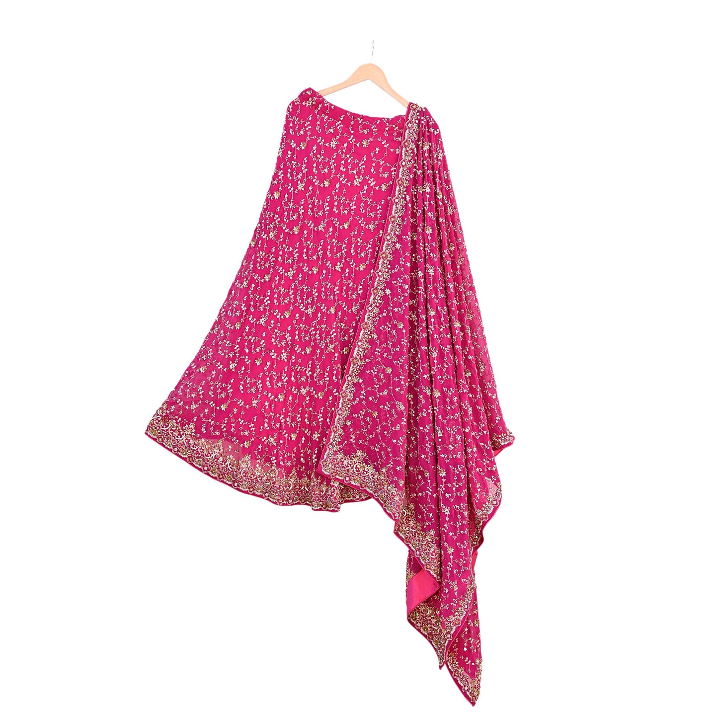 Indian Vintage Pink Pure Georgette Silk Hand Embroidered Lehenga 2pcs Set, Bollywood Wedding Wear
