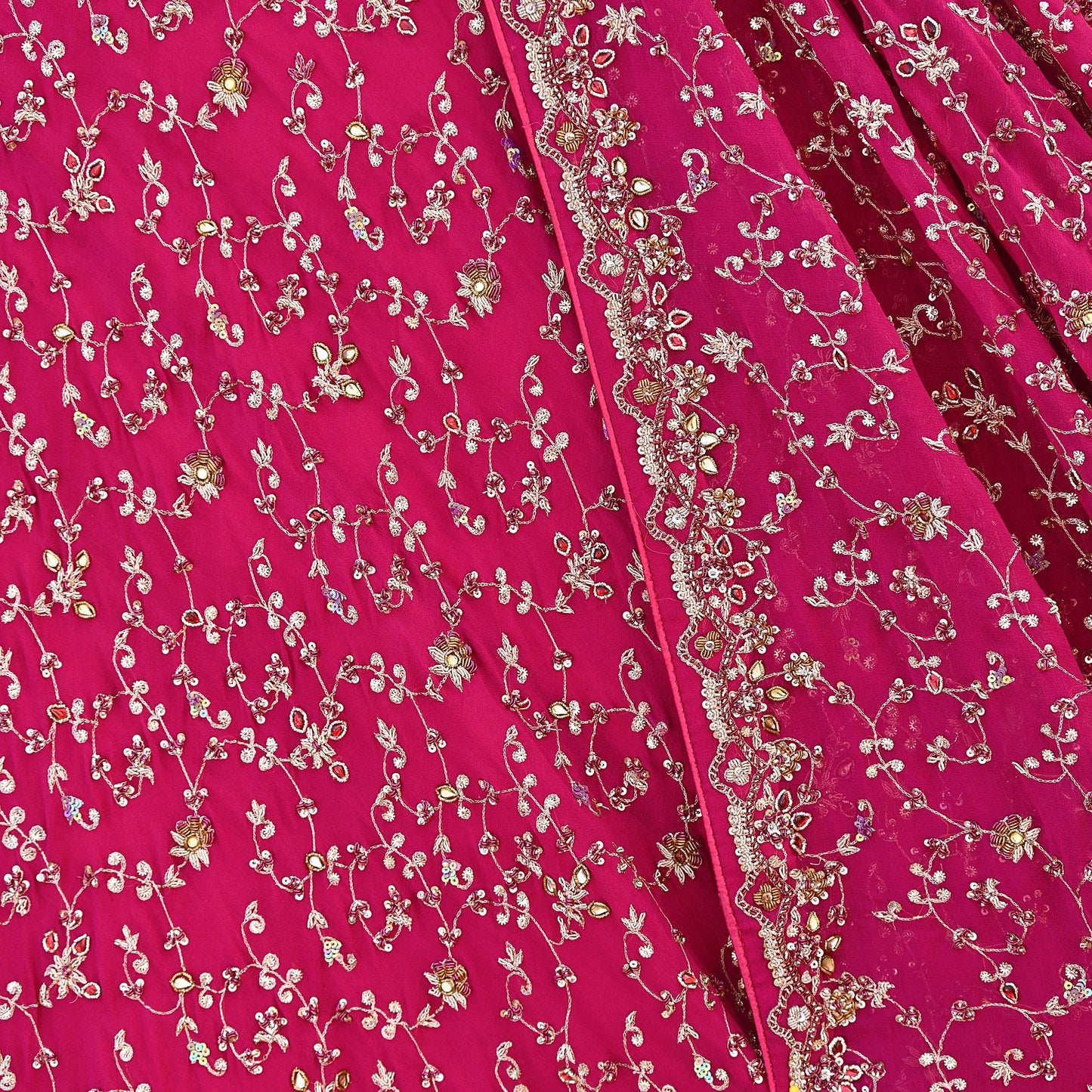 Indian Vintage Pink Pure Georgette Silk Hand Embroidered Lehenga 2pcs Set, Bollywood Wedding Wear