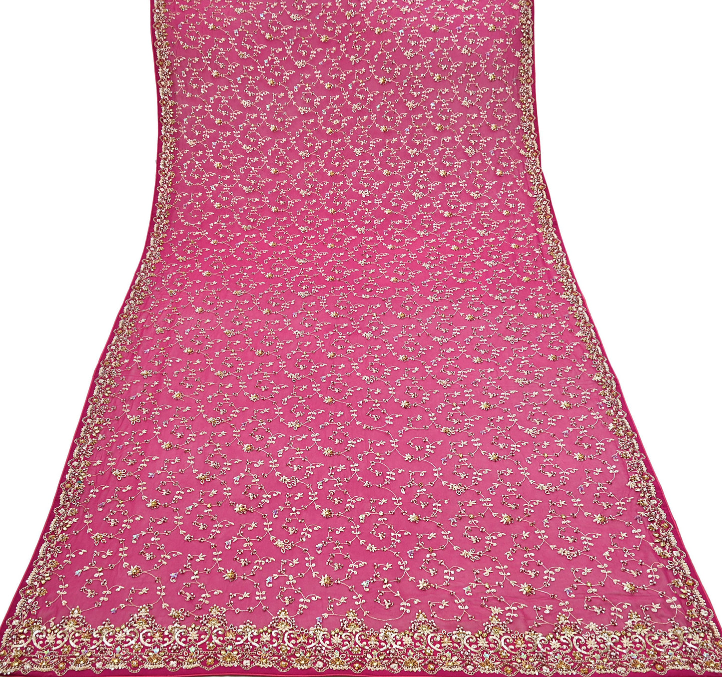 Indian Vintage Heavy Pink Bridal Dupatta Pure Georgette Silk Hand Embroidered Zardozi, Dabka, Zari Work Party Wear Long Stole