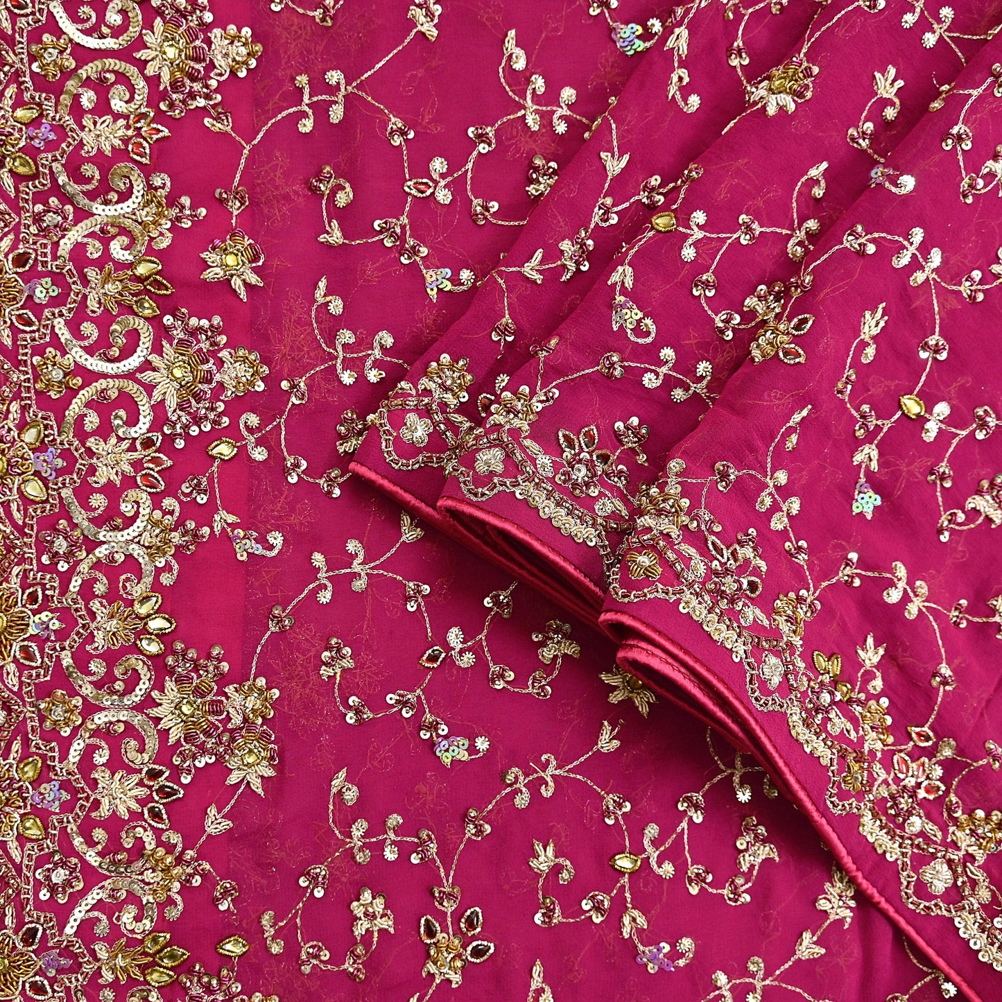 Indian Vintage Heavy Pink Bridal Dupatta Pure Georgette Silk Hand Embroidered Zardozi, Dabka, Zari Work Party Wear Long Stole