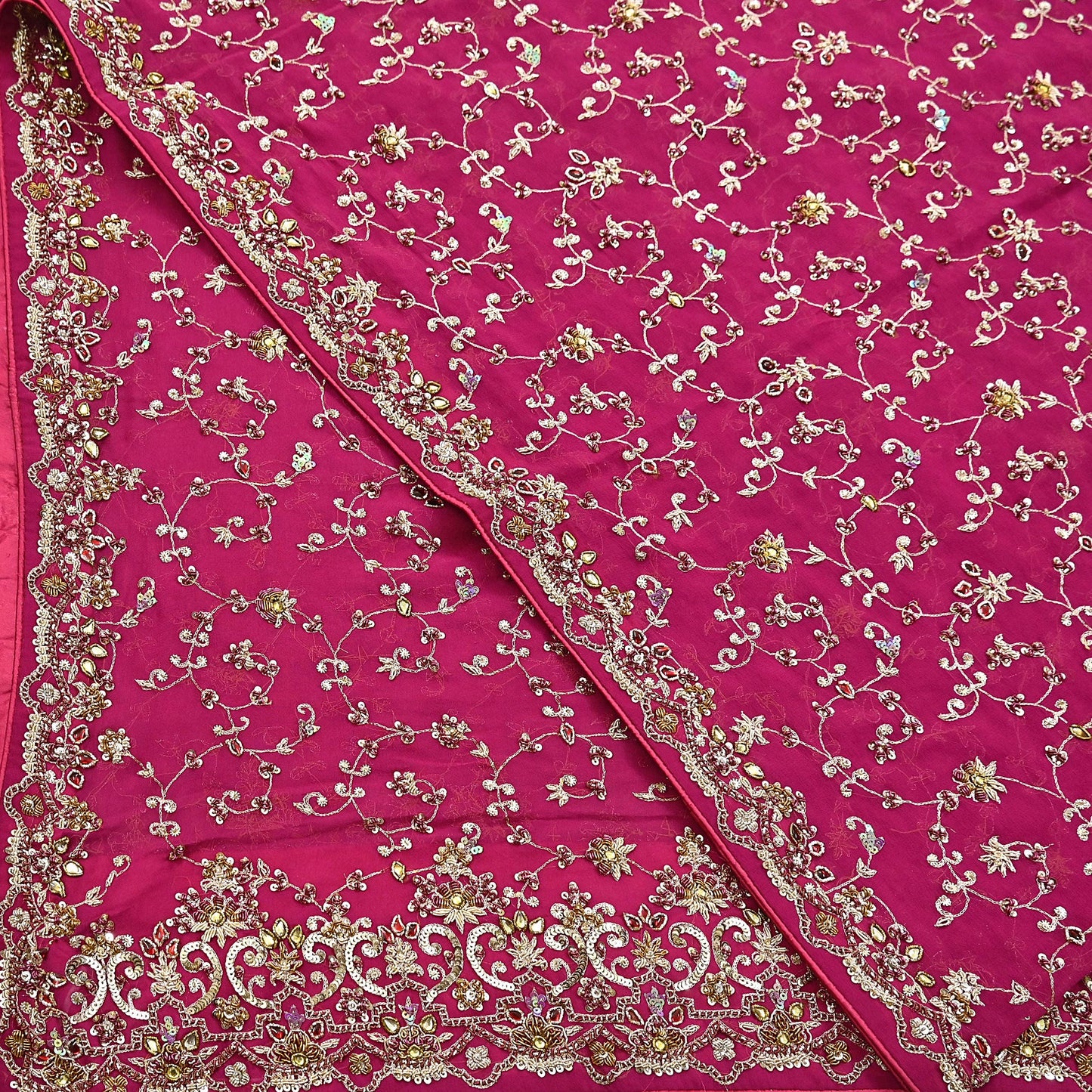 Indian Vintage Heavy Pink Bridal Dupatta Pure Georgette Silk Hand Embroidered Zardozi, Dabka, Zari Work Party Wear Long Stole