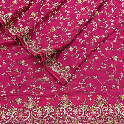 Indian Vintage Heavy Pink Bridal Dupatta Pure Georgette Silk Hand Embroidered Zardozi, Dabka, Zari Work Party Wear Long Stole