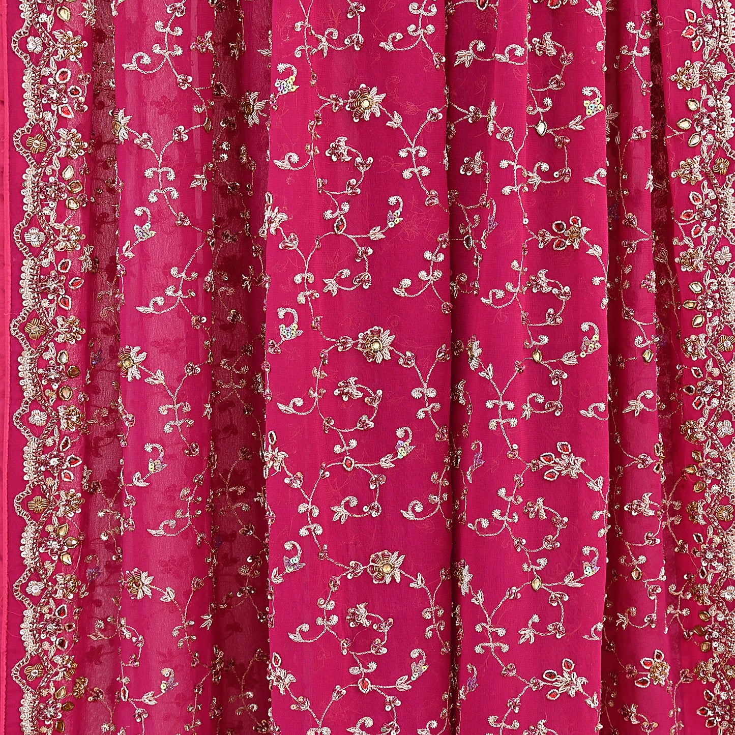 Indian Vintage Heavy Pink Bridal Dupatta Pure Georgette Silk Hand Embroidered Zardozi, Dabka, Zari Work Party Wear Long Stole