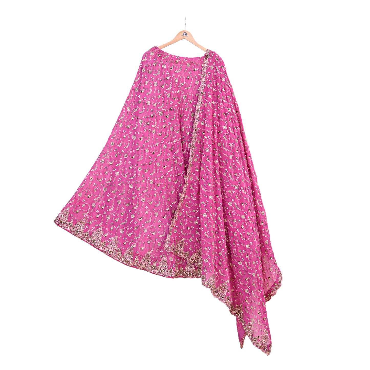 Indian Vintage Pink Pure Georgette Silk Hand Embroidered Lehenga 2pcs Set, Bollywood Wedding Wear