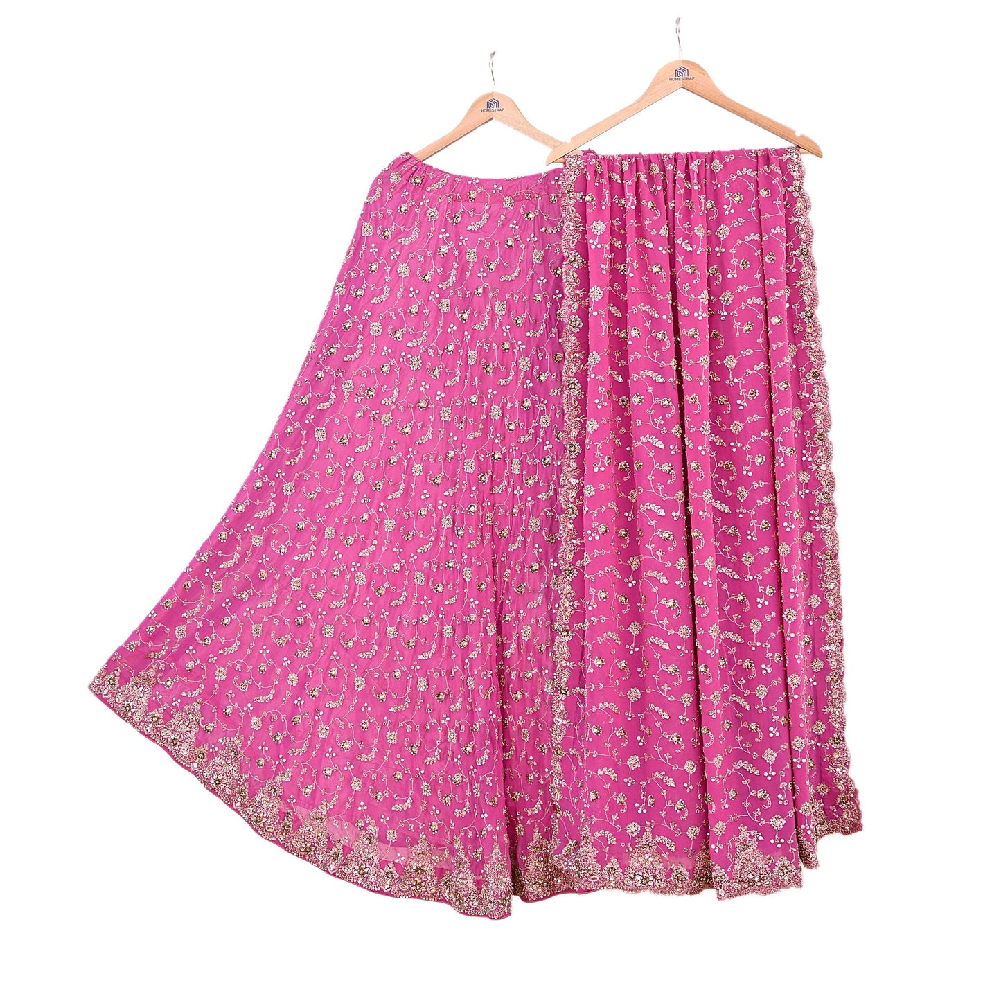 Indian Vintage Pink Pure Georgette Silk Hand Embroidered Lehenga 2pcs Set, Bollywood Wedding Wear