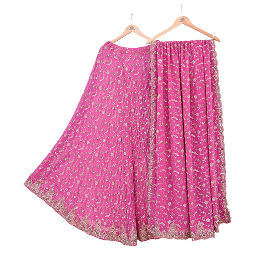 Indian Vintage Pink Pure Georgette Silk Hand Embroidered Lehenga 2pcs Set, Bollywood Wedding Wear