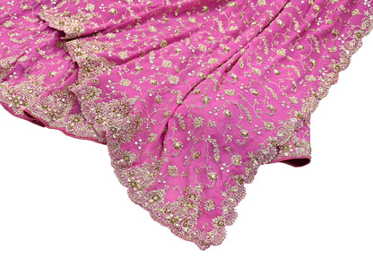 Indian Vintage Pink Pure Georgette Silk Hand Embroidered Lehenga 2pcs Set, Bollywood Wedding Wear