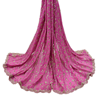 Indian Vintage Heavy Pink Bridal Dupatta Pure Georgette Silk Hand Embroidered Zardozi, Dabka, Zari Work Party Wear Long Stole
