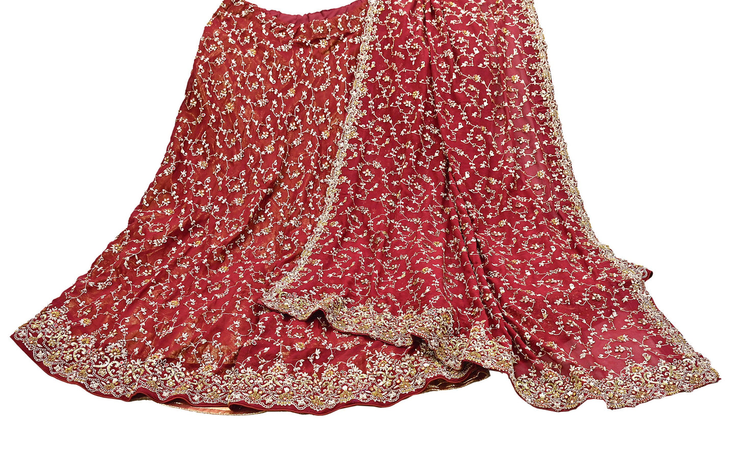 Indian Vintage Red Pure Georgette Silk Hand Embroidered Lehenga 2pcs Set, Bollywood Wedding Wear