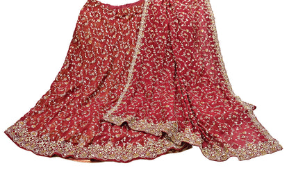 Indian Vintage Red Pure Georgette Silk Hand Embroidered Lehenga 2pcs Set, Bollywood Wedding Wear