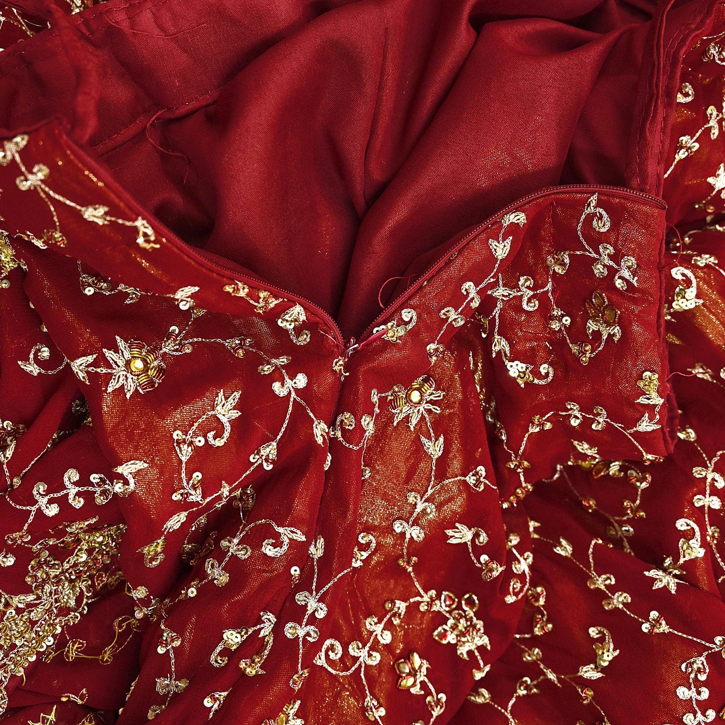 Indian Vintage Red Pure Georgette Silk Hand Embroidered Lehenga 2pcs Set, Bollywood Wedding Wear