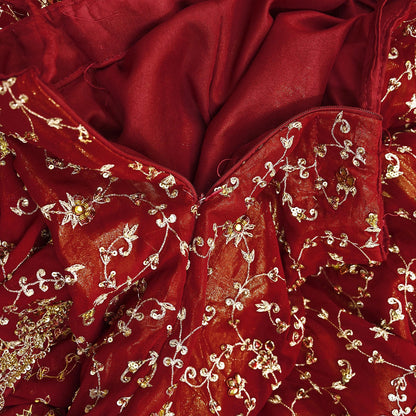 Indian Vintage Red Pure Georgette Silk Hand Embroidered Lehenga 2pcs Set, Bollywood Wedding Wear