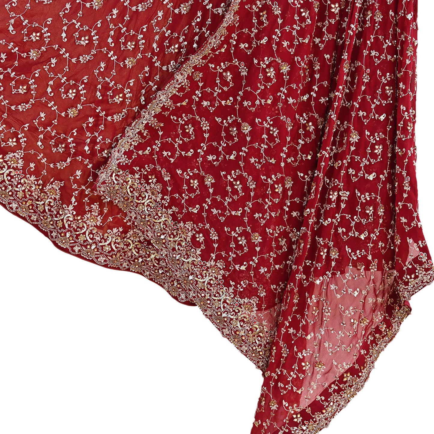 Indian Vintage Red Pure Georgette Silk Hand Embroidered Lehenga 2pcs Set, Bollywood Wedding Wear