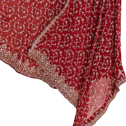 Indian Vintage Red Pure Georgette Silk Hand Embroidered Lehenga 2pcs Set, Bollywood Wedding Wear
