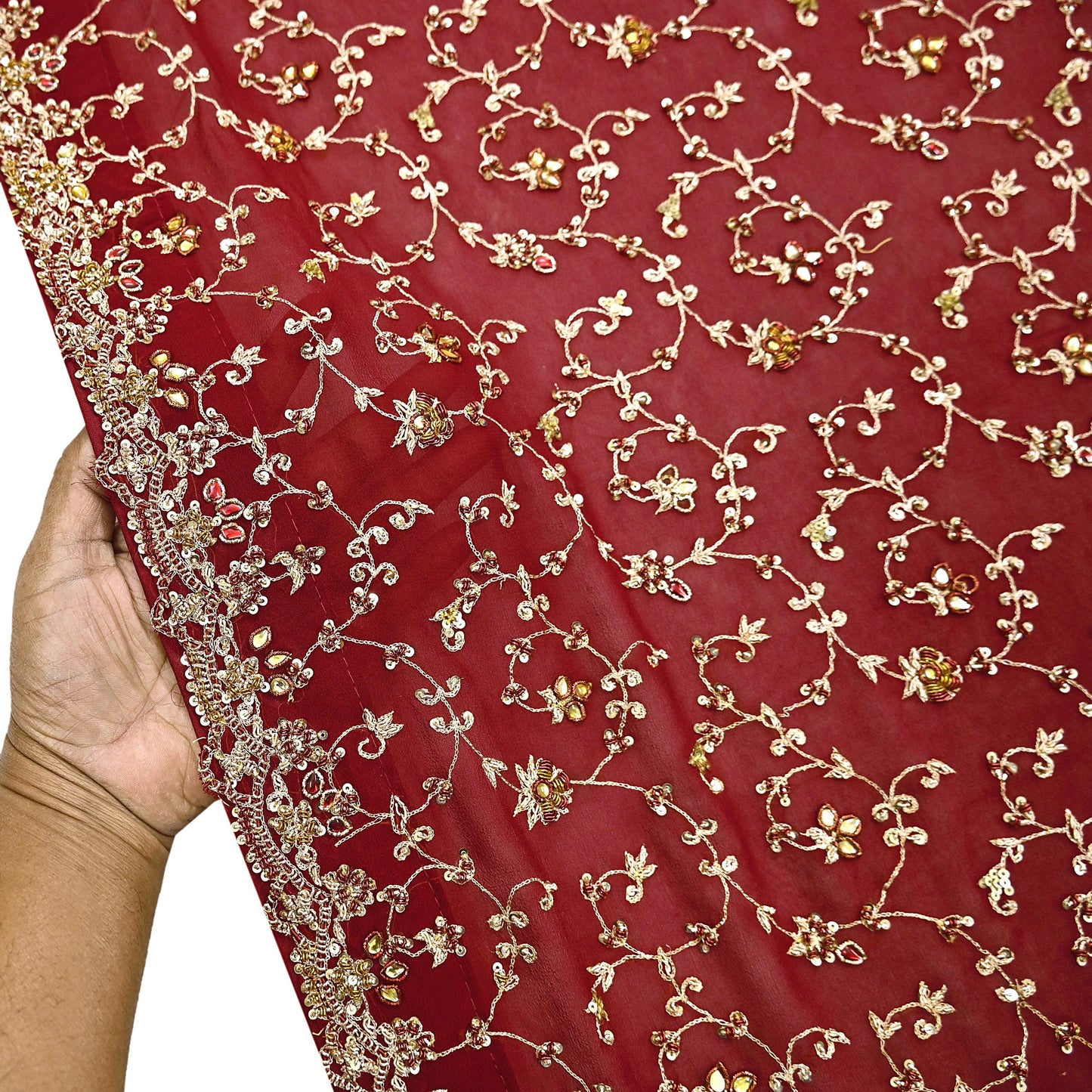 Indian Vintage Heavy Red Bridal Dupatta Pure Georgette Silk Hand Embroidered Zardozi, Dabka, Zari Work Party Wear Long Stole