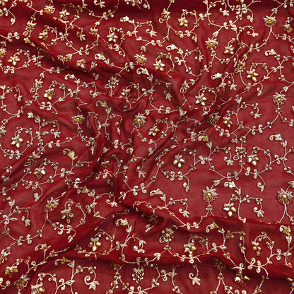 Indian Vintage Heavy Red Bridal Dupatta Pure Georgette Silk Hand Embroidered Zardozi, Dabka, Zari Work Party Wear Long Stole