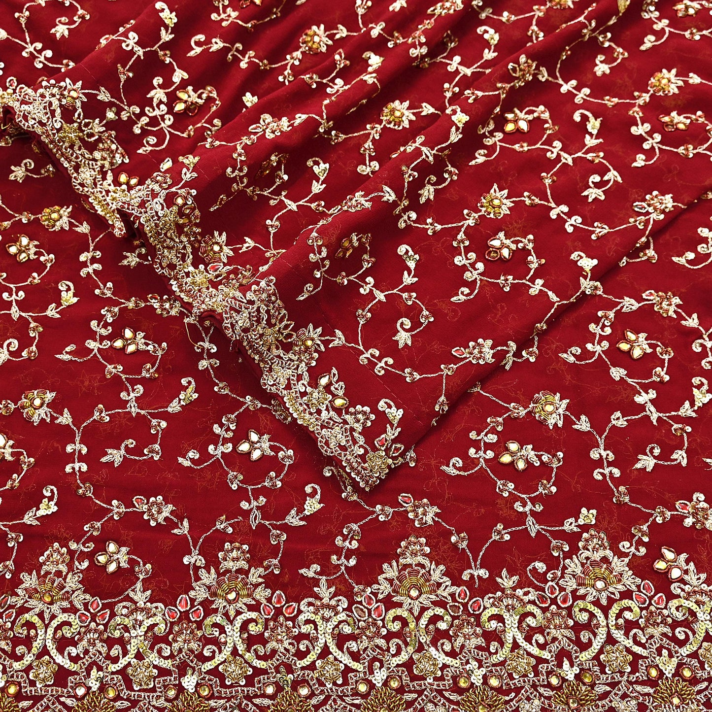 Indian Vintage Heavy Red Bridal Dupatta Pure Georgette Silk Hand Embroidered Zardozi, Dabka, Zari Work Party Wear Long Stole