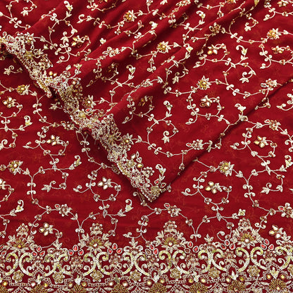 Indian Vintage Heavy Red Bridal Dupatta Pure Georgette Silk Hand Embroidered Zardozi, Dabka, Zari Work Party Wear Long Stole