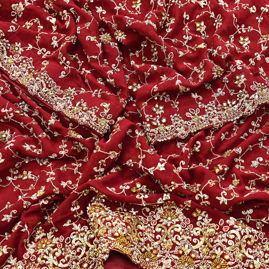 Indian Vintage Heavy Red Bridal Dupatta Pure Georgette Silk Hand Embroidered Zardozi, Dabka, Zari Work Party Wear Long Stole