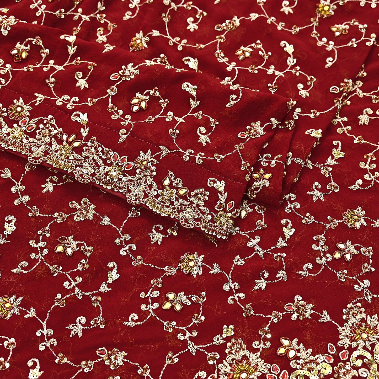 Indian Vintage Heavy Red Bridal Dupatta Pure Georgette Silk Hand Embroidered Zardozi, Dabka, Zari Work Party Wear Long Stole