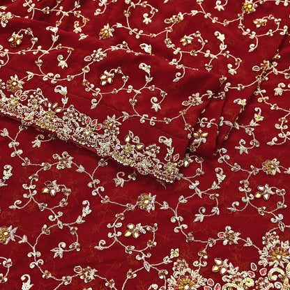 Indian Vintage Heavy Red Bridal Dupatta Pure Georgette Silk Hand Embroidered Zardozi, Dabka, Zari Work Party Wear Long Stole