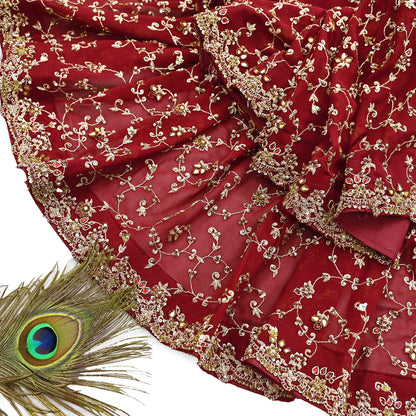 Indian Vintage Heavy Red Bridal Dupatta Pure Georgette Silk Hand Embroidered Zardozi, Dabka, Zari Work Party Wear Long Stole
