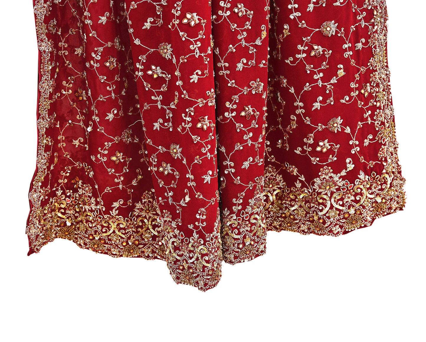 Indian Vintage Heavy Red Bridal Dupatta Pure Georgette Silk Hand Embroidered Zardozi, Dabka, Zari Work Party Wear Long Stole