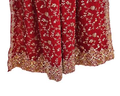 Indian Vintage Heavy Red Bridal Dupatta Pure Georgette Silk Hand Embroidered Zardozi, Dabka, Zari Work Party Wear Long Stole
