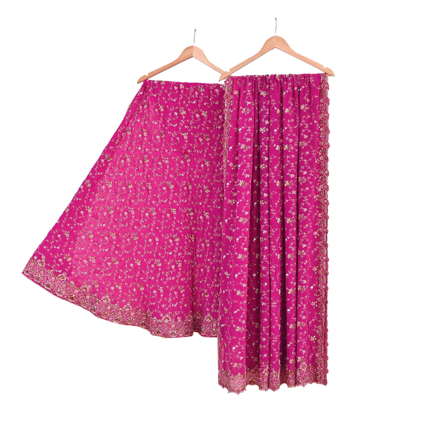 Indian Vintage Magenta Pure Georgette Silk Hand Embroidered Lehenga 2pcs Set, Bollywood Wedding Wear