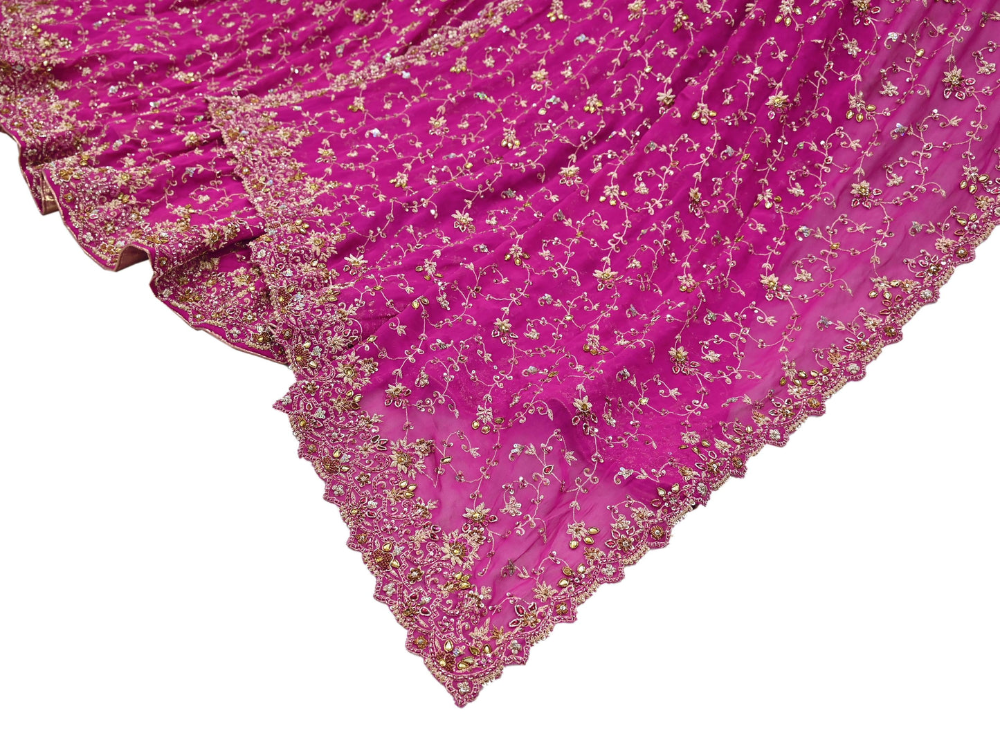 Indian Vintage Magenta Pure Georgette Silk Hand Embroidered Lehenga 2pcs Set, Bollywood Wedding Wear