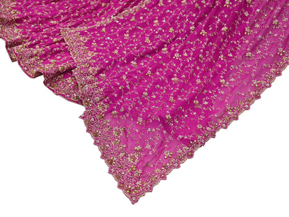 Indian Vintage Magenta Pure Georgette Silk Hand Embroidered Lehenga 2pcs Set, Bollywood Wedding Wear