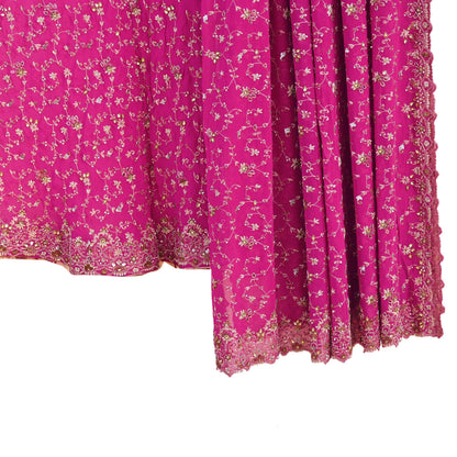 Indian Vintage Magenta Pure Georgette Silk Hand Embroidered Lehenga 2pcs Set, Bollywood Wedding Wear