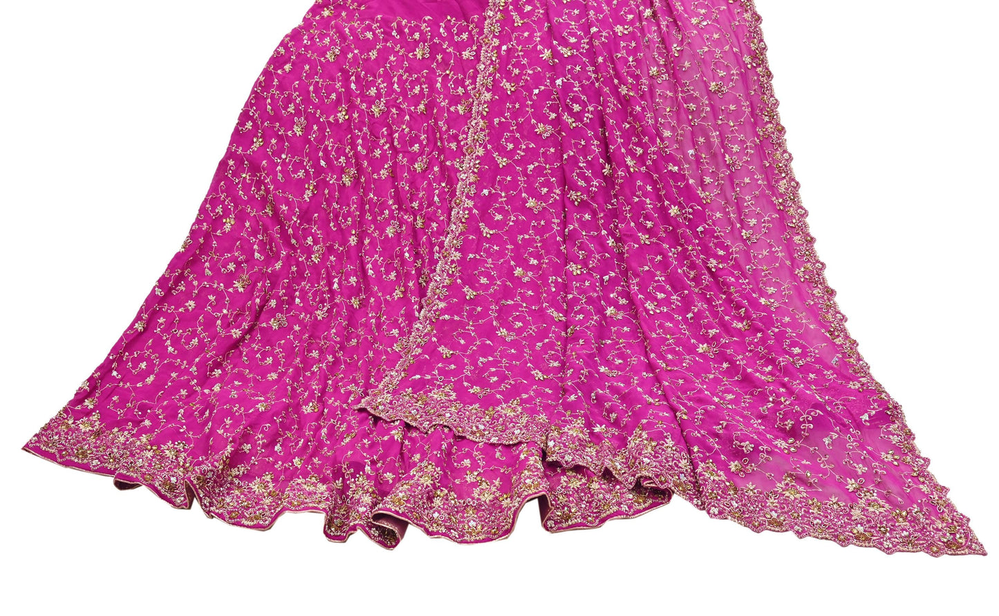 Indian Vintage Magenta Pure Georgette Silk Hand Embroidered Lehenga 2pcs Set, Bollywood Wedding Wear