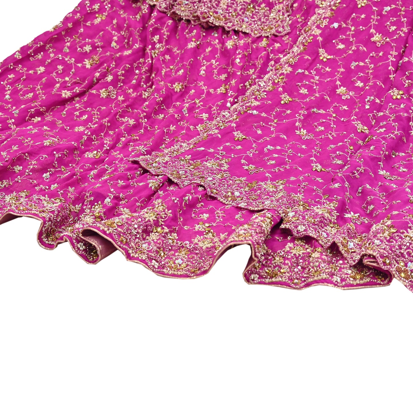Indian Vintage Magenta Pure Georgette Silk Hand Embroidered Lehenga 2pcs Set, Bollywood Wedding Wear