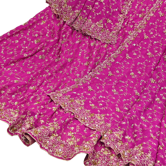 Indian Vintage Magenta Pure Georgette Silk Hand Embroidered Lehenga 2pcs Set, Bollywood Wedding Wear