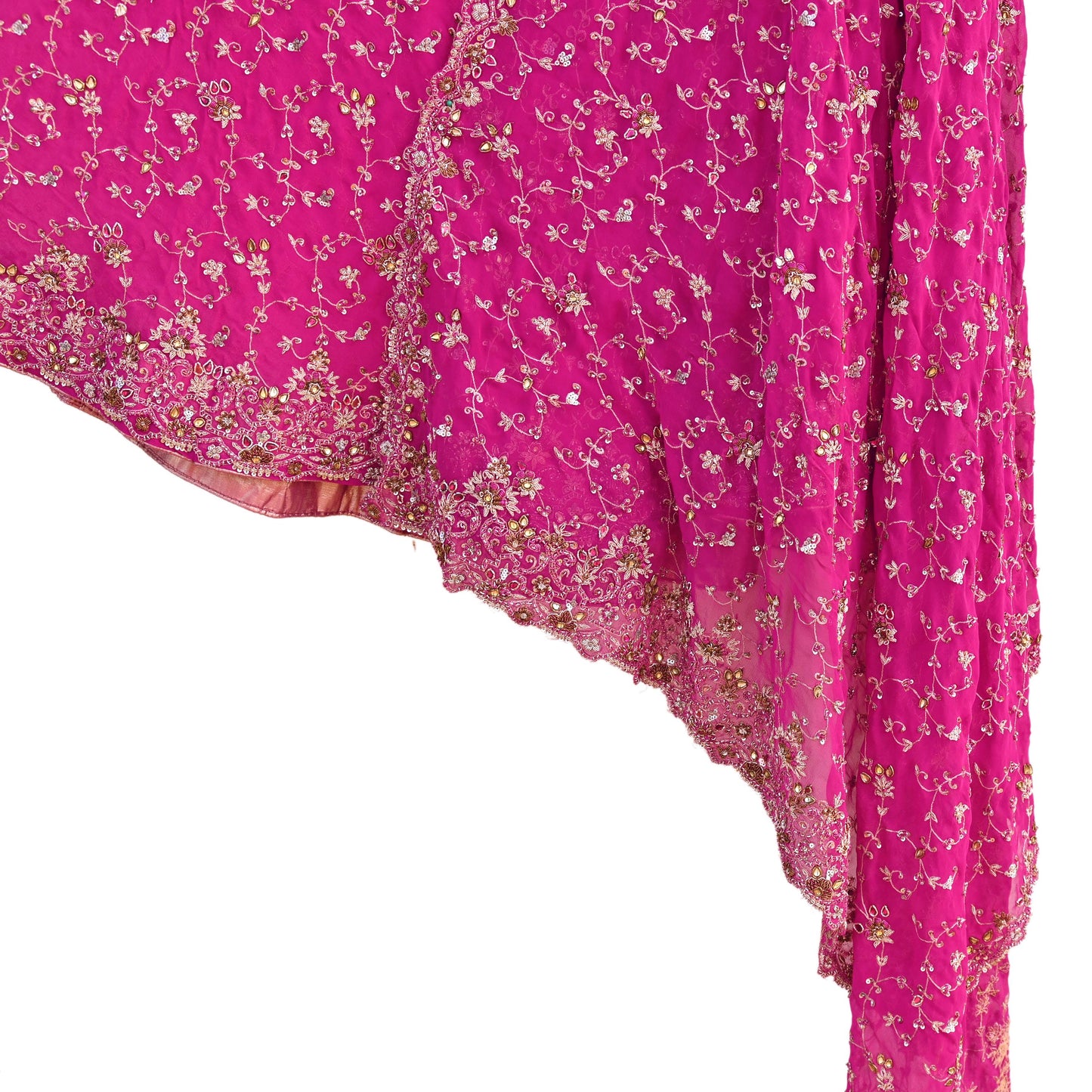 Indian Vintage Magenta Pure Georgette Silk Hand Embroidered Lehenga 2pcs Set, Bollywood Wedding Wear