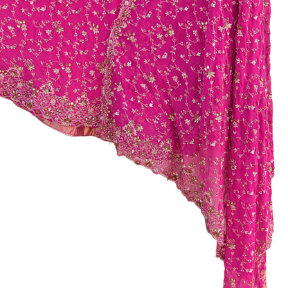 Indian Vintage Magenta Pure Georgette Silk Hand Embroidered Lehenga 2pcs Set, Bollywood Wedding Wear