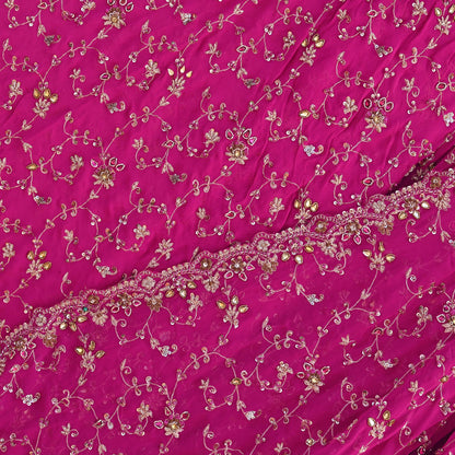 Indian Vintage Magenta Pure Georgette Silk Hand Embroidered Lehenga 2pcs Set, Bollywood Wedding Wear