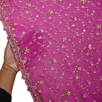 Indian Vintage Heavy Magenta Bridal Dupatta Pure Georgette Silk Hand Embroidered Zardozi, Dabka, Zari Work Party Wear Long Stole