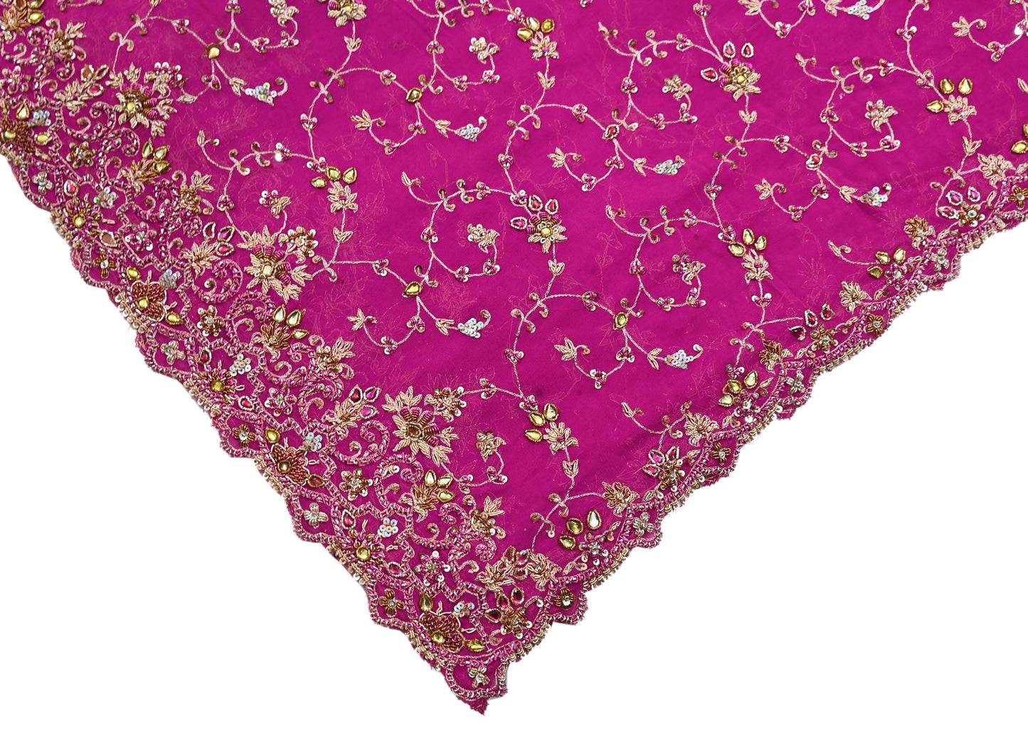 Indian Vintage Heavy Magenta Bridal Dupatta Pure Georgette Silk Hand Embroidered Zardozi, Dabka, Zari Work Party Wear Long Stole