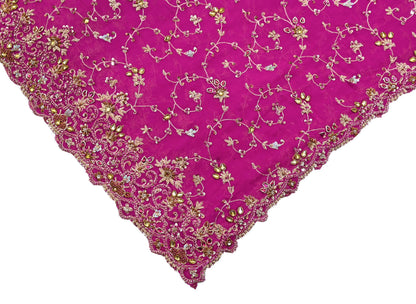 Indian Vintage Heavy Magenta Bridal Dupatta Pure Georgette Silk Hand Embroidered Zardozi, Dabka, Zari Work Party Wear Long Stole