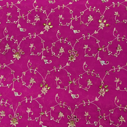 Indian Vintage Heavy Magenta Bridal Dupatta Pure Georgette Silk Hand Embroidered Zardozi, Dabka, Zari Work Party Wear Long Stole