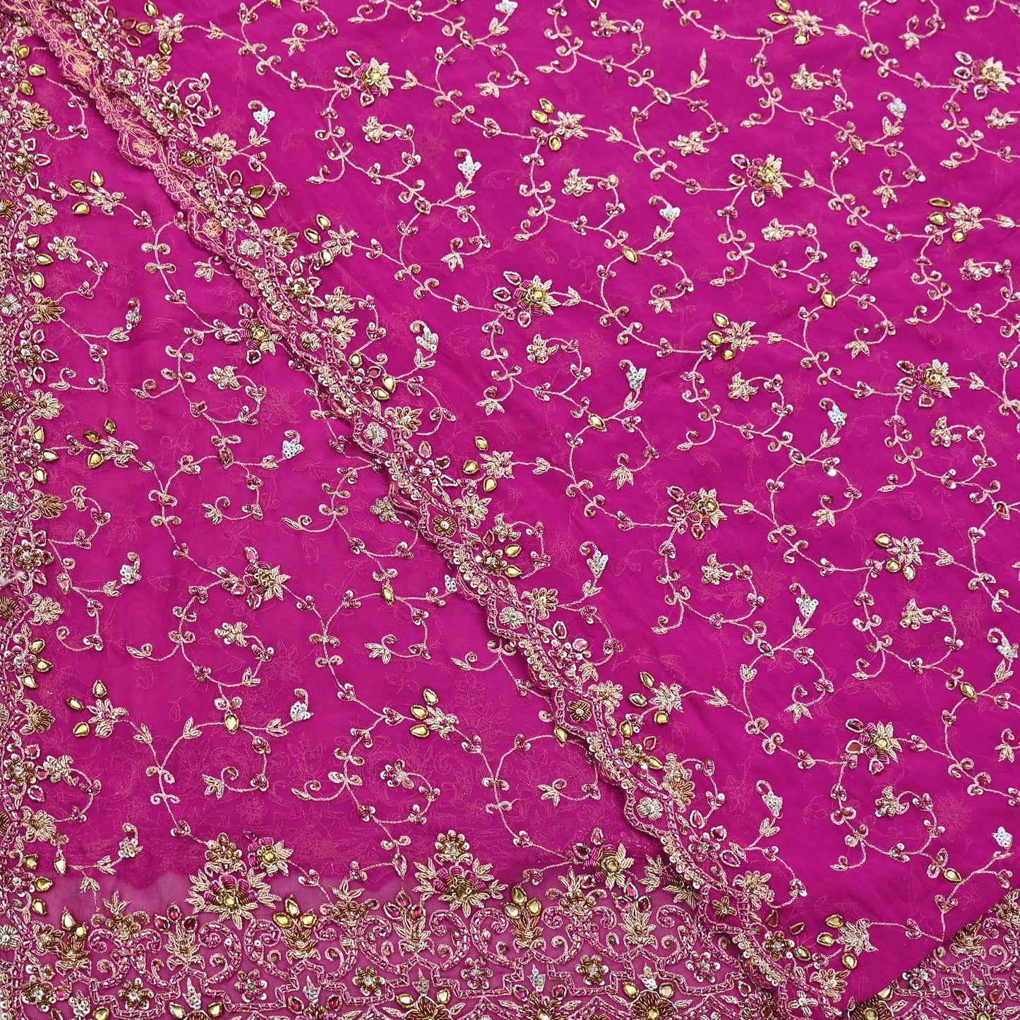 Indian Vintage Heavy Magenta Bridal Dupatta Pure Georgette Silk Hand Embroidered Zardozi, Dabka, Zari Work Party Wear Long Stole