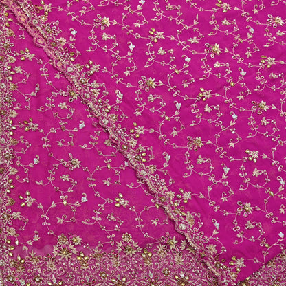 Indian Vintage Heavy Magenta Bridal Dupatta Pure Georgette Silk Hand Embroidered Zardozi, Dabka, Zari Work Party Wear Long Stole