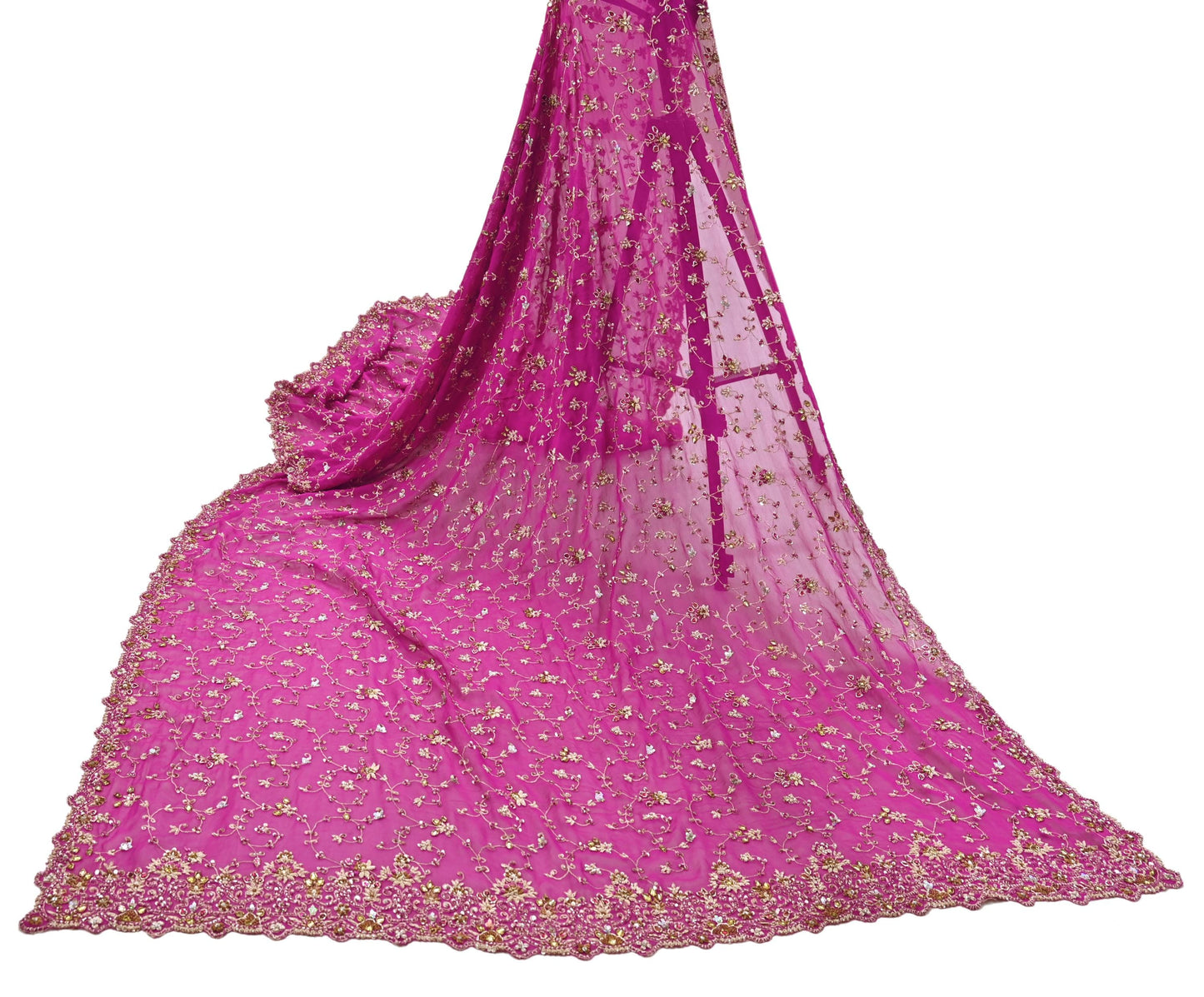Indian Vintage Heavy Magenta Bridal Dupatta Pure Georgette Silk Hand Embroidered Zardozi, Dabka, Zari Work Party Wear Long Stole