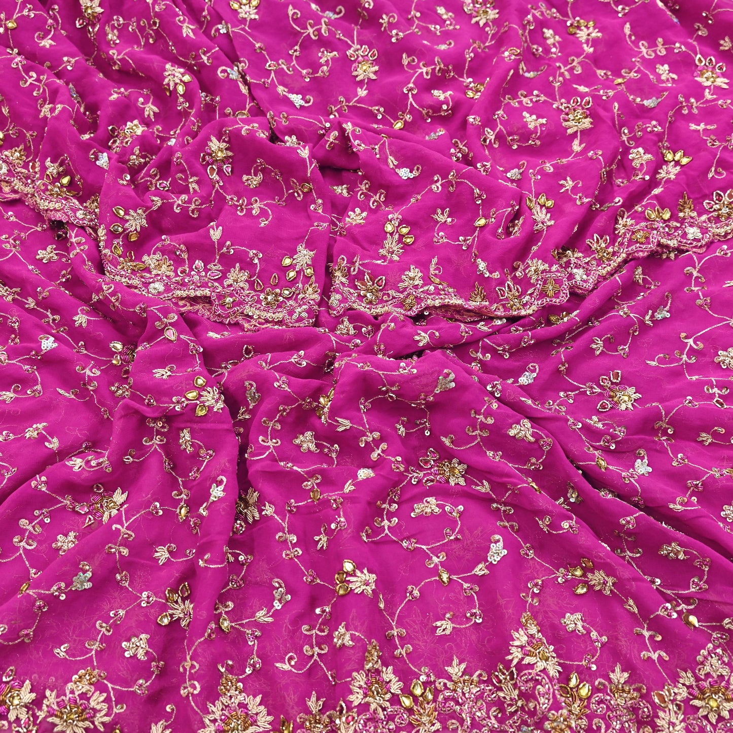 Indian Vintage Heavy Magenta Bridal Dupatta Pure Georgette Silk Hand Embroidered Zardozi, Dabka, Zari Work Party Wear Long Stole