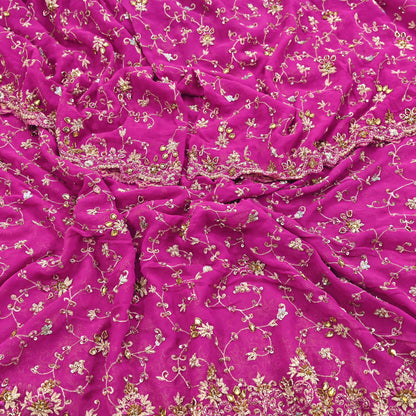 Indian Vintage Heavy Magenta Bridal Dupatta Pure Georgette Silk Hand Embroidered Zardozi, Dabka, Zari Work Party Wear Long Stole