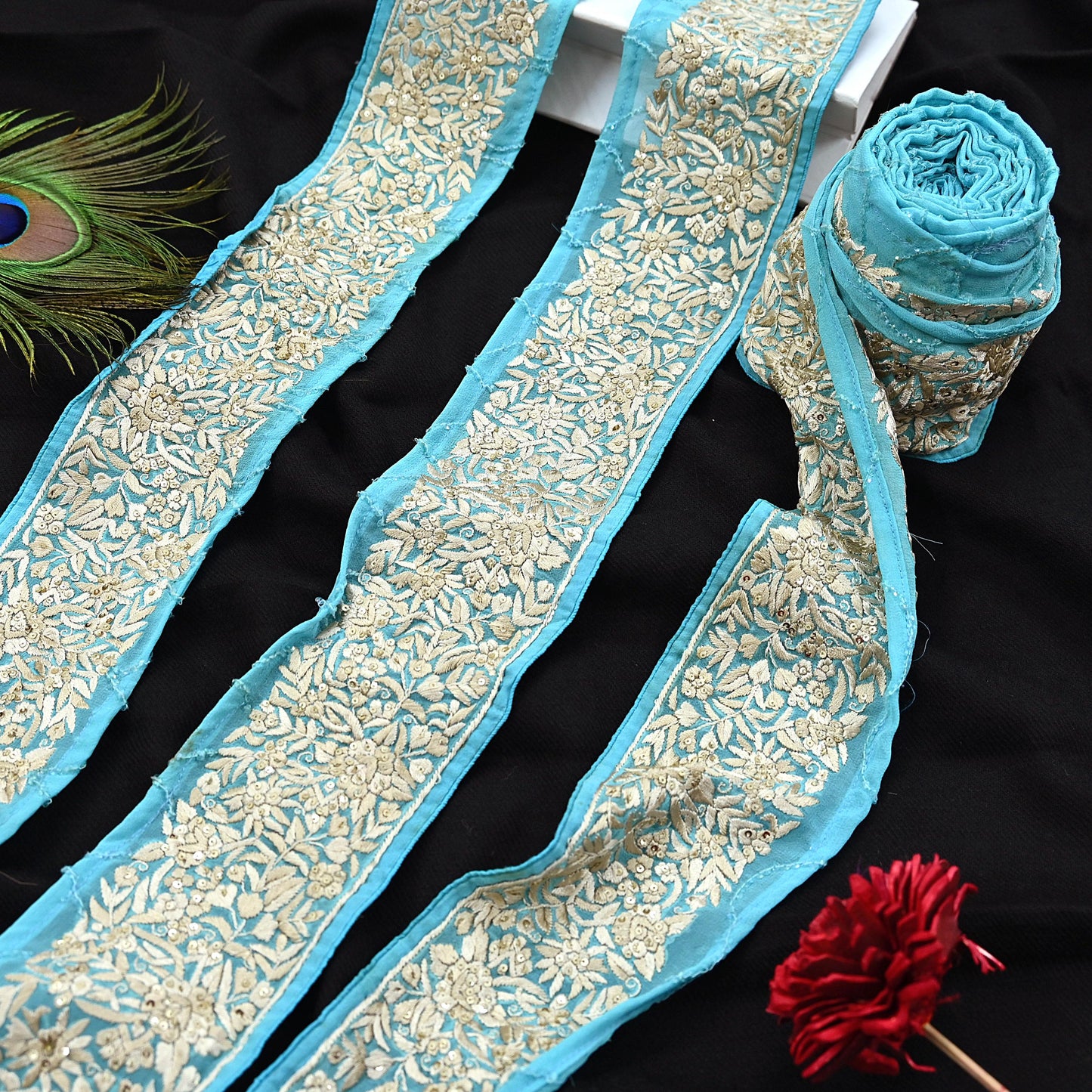 Indian Antique Vintage Real Parsi Gara Border Hand Embroidered Craft Trim Lace Sewing Saree Ribbon Recycled 1yard Pure Georgette Silk